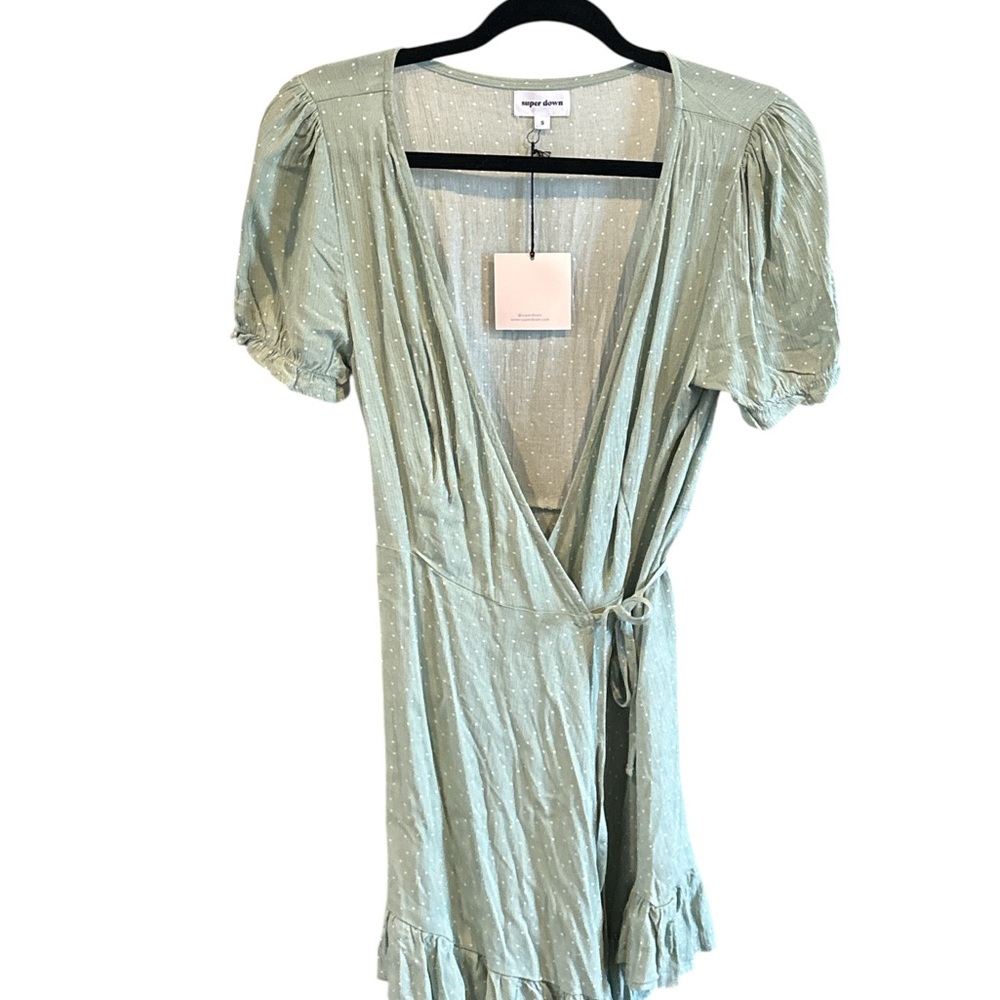 NWT Superdown Sage Green Wrap Mini Dress | Size Small | Ruffle Hem - Picture 4 of 5